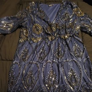 Boohoo Blue sequin gold beaded dress